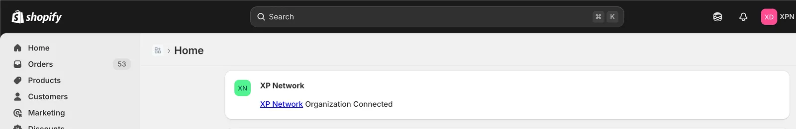 XP Network Hub showing a successfully connected Shopify store