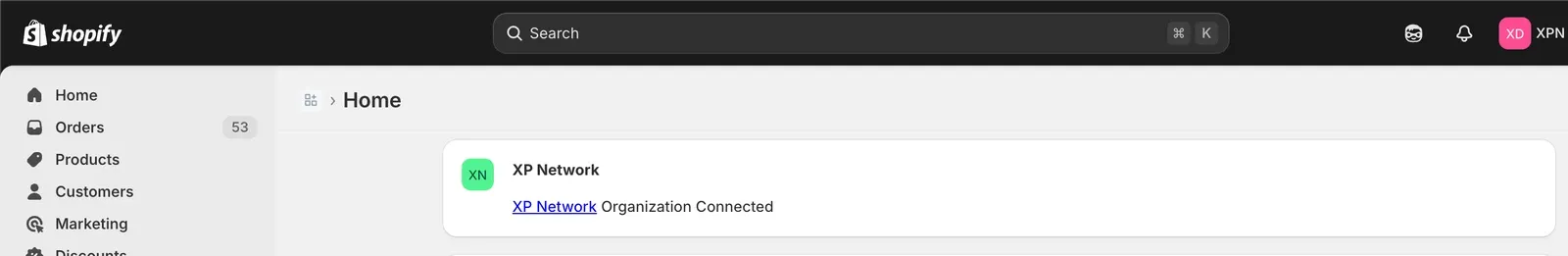 Screenshot of the XP Network Rewards app showing a connected organization
