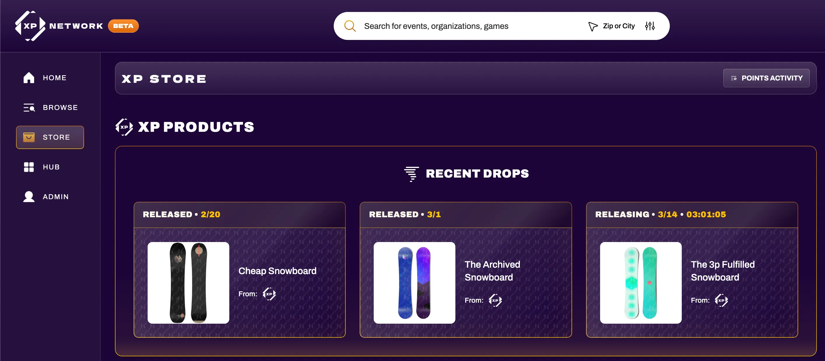 XP Network Organization page showing a product drop