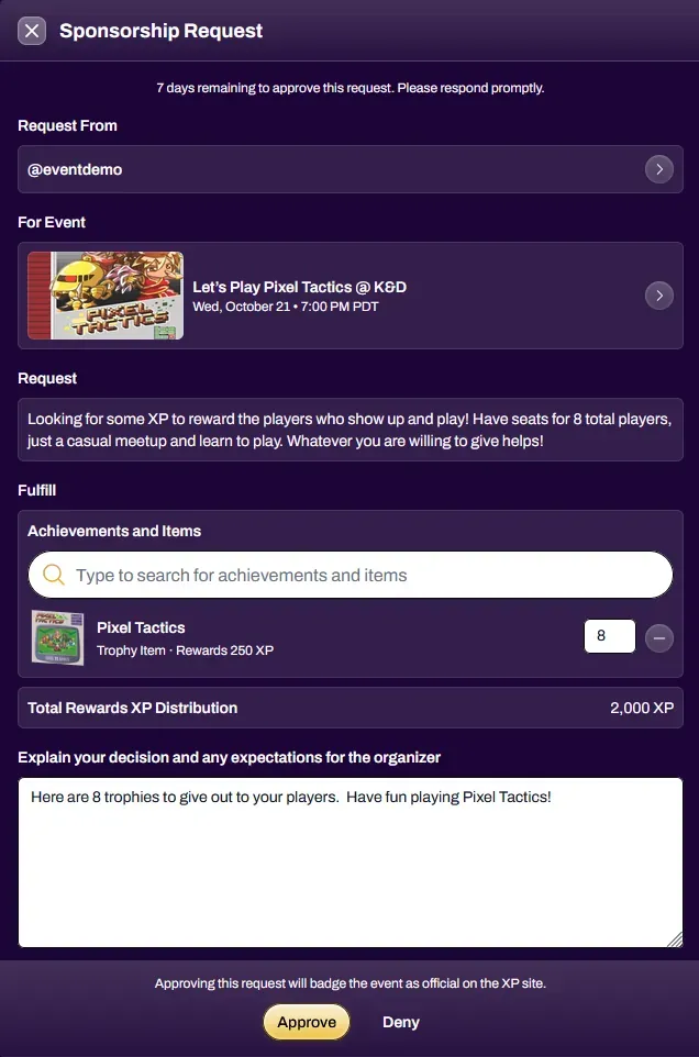 Screenshot of the full Sponsorship Request review window