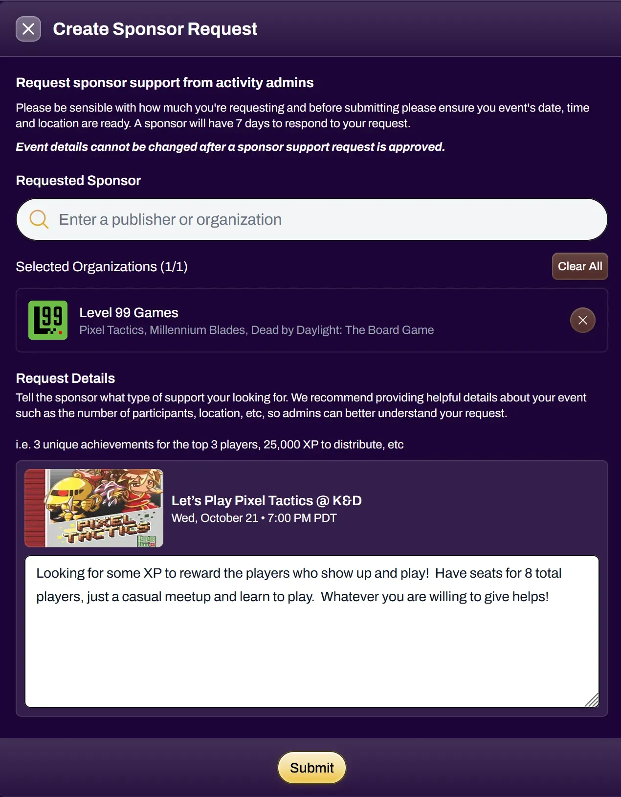 Screenshot of the Create Sponsor Request modal