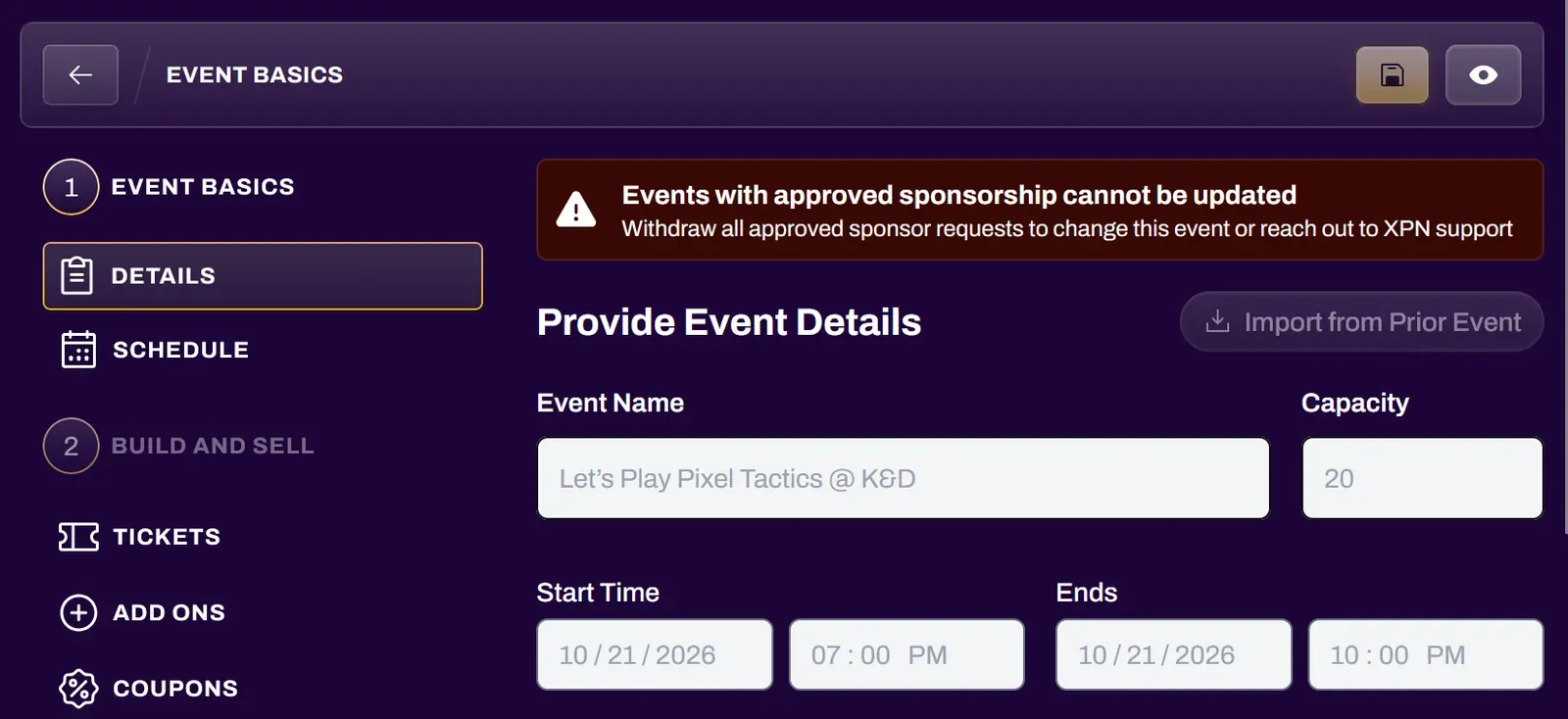 Screenshot of the locked event details page