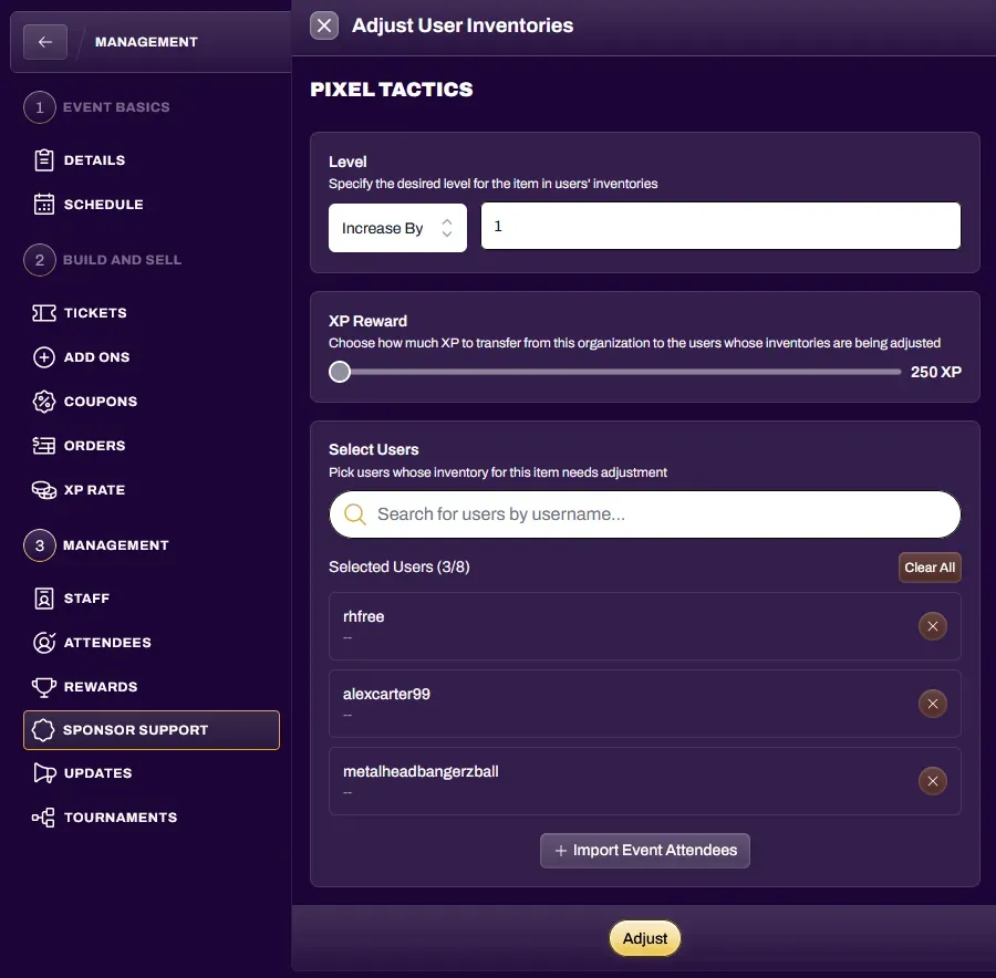 Screenshot of the Adjust User Inventories dialog
