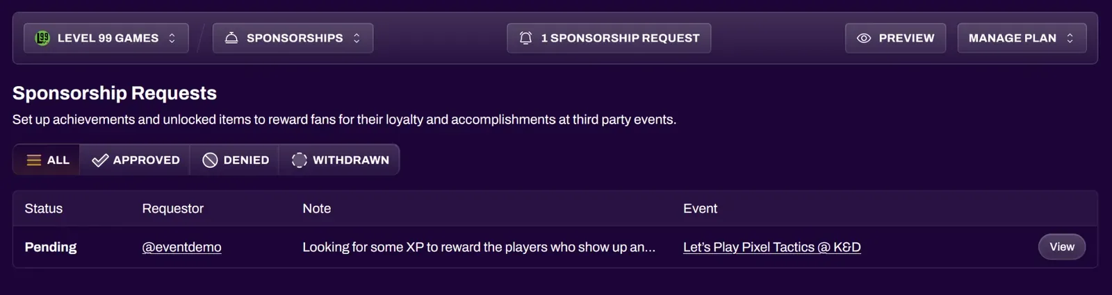 Screenshot of the Sponsorship Requests list