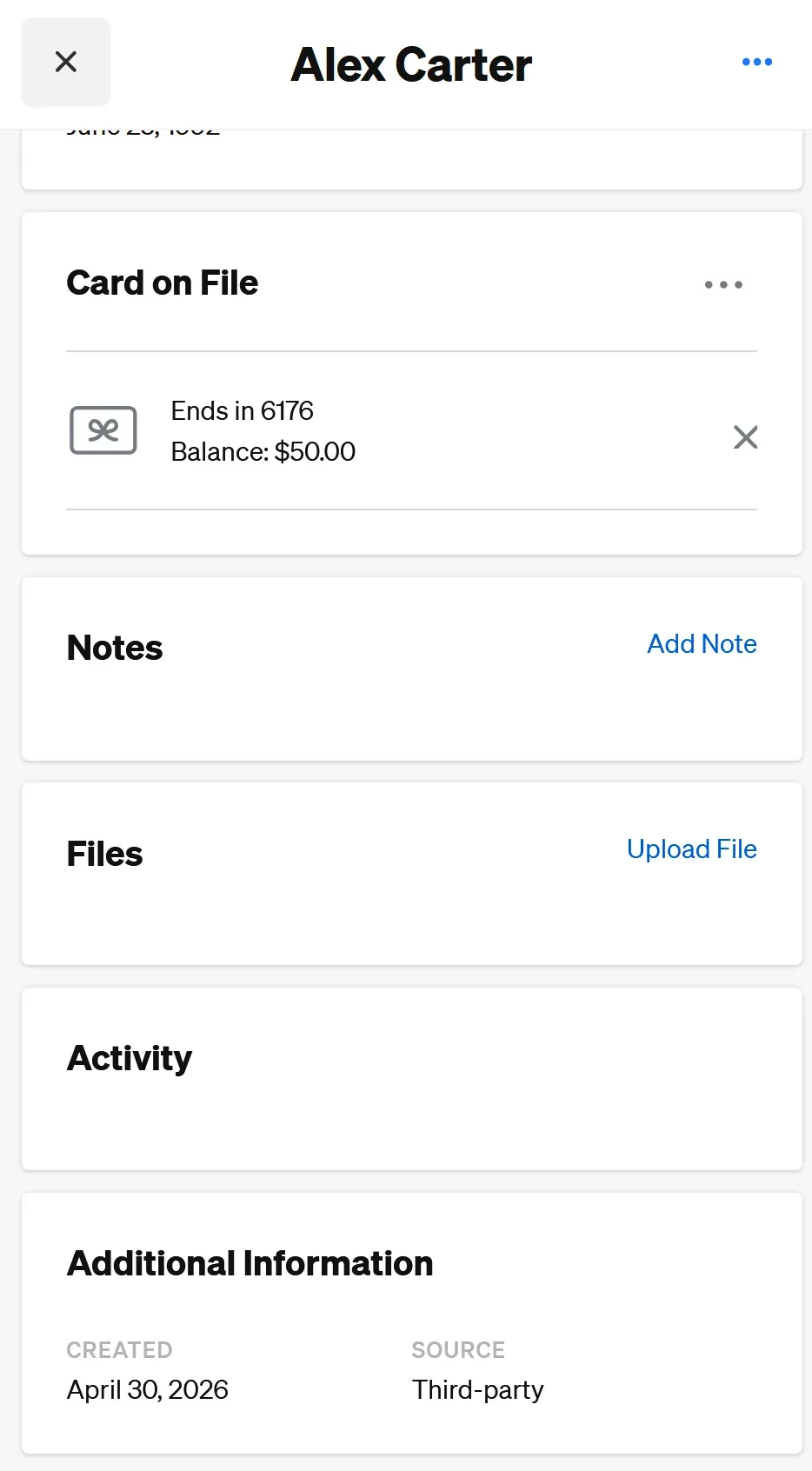 Square Customer Directory showing a redeemed Gift Card