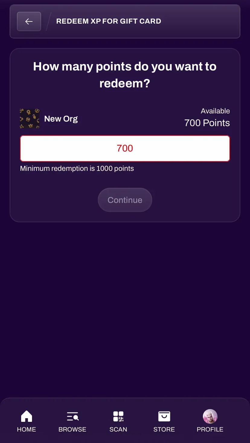 Message shown to users who have not yet met the Minimum XP to Redeem threshold