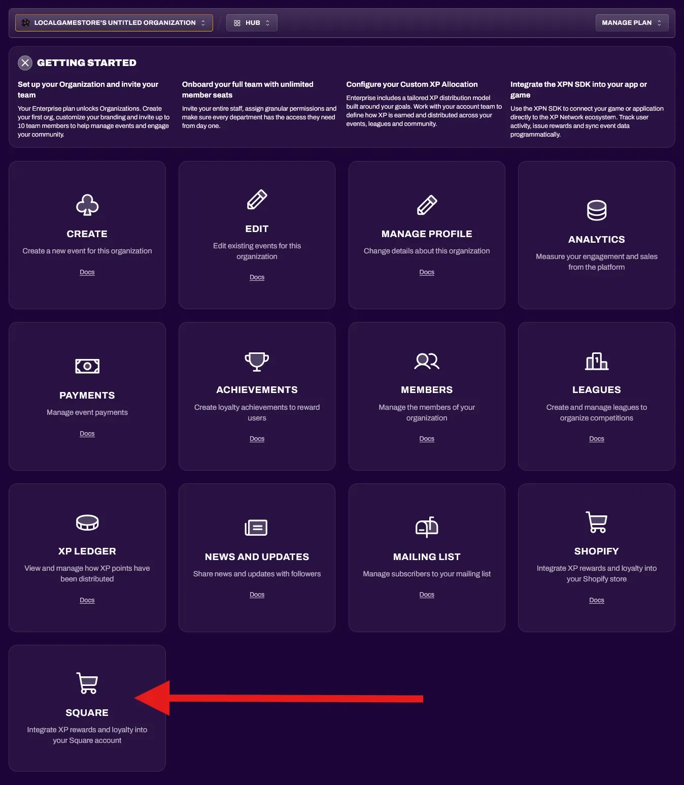 XP Network Hub with Square option highlighted