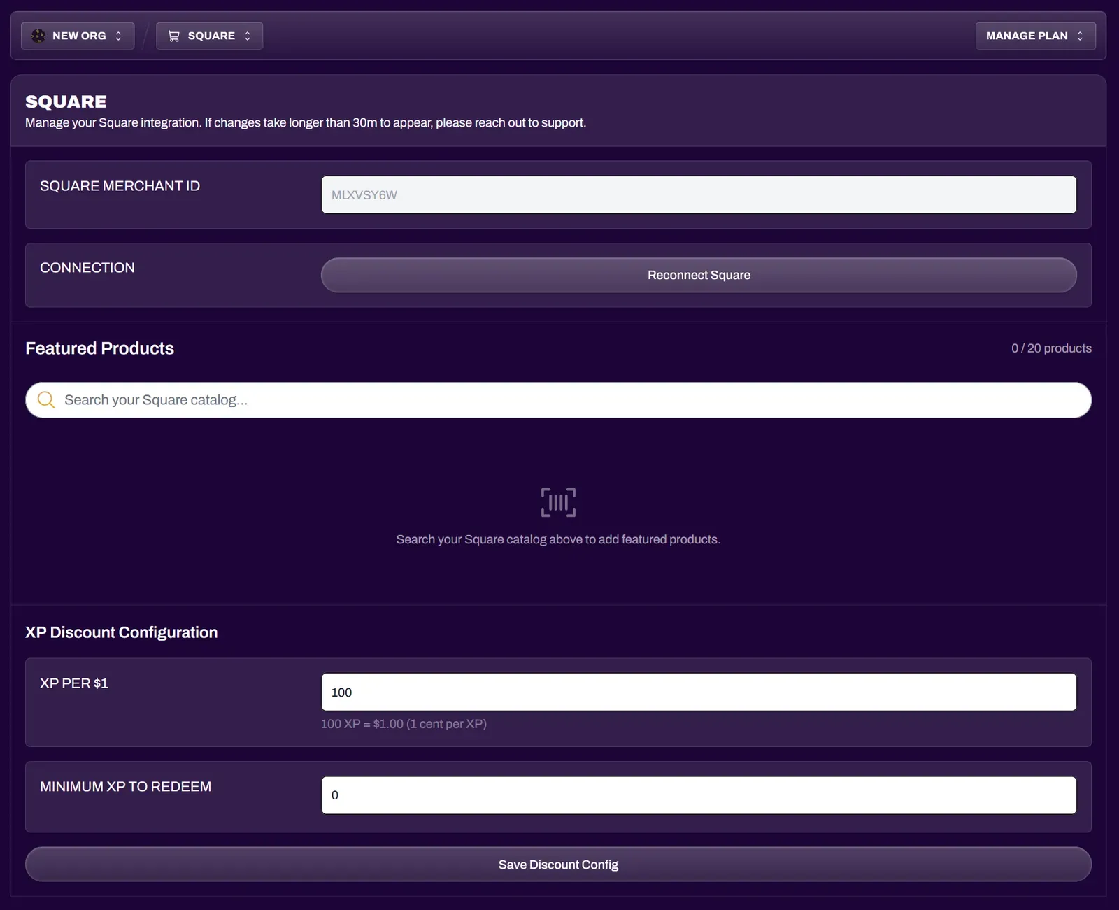 XP Network Hub showing a successfully connected Square store