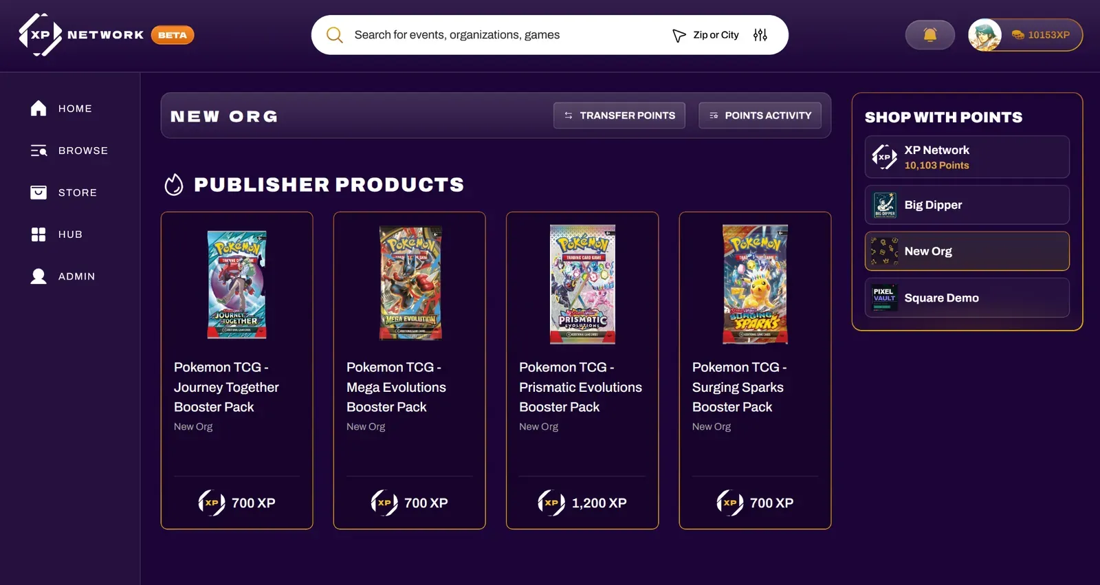 Organization page displaying selected Square products on the XP Store