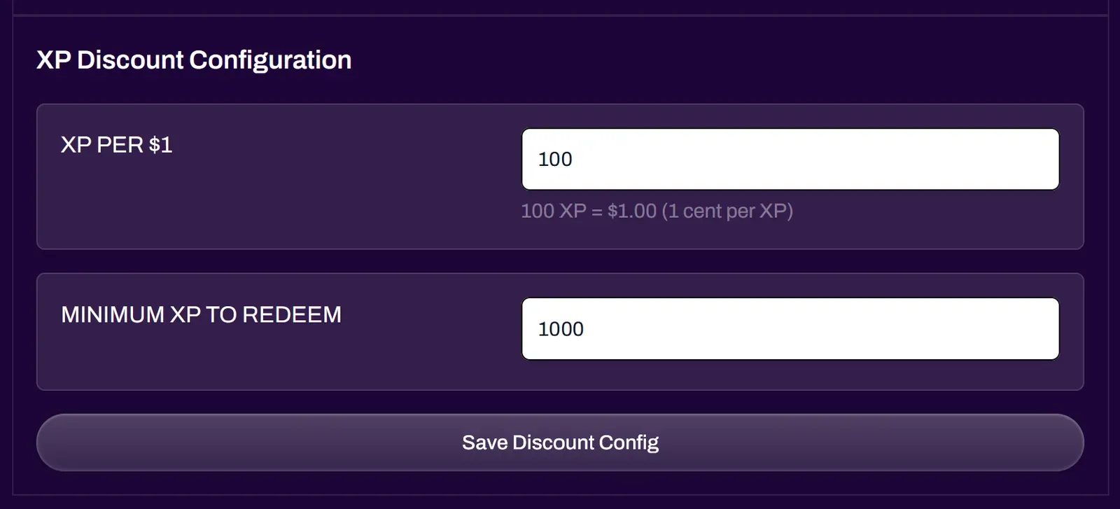 XP Discount Configuration panel in XP Network Hub