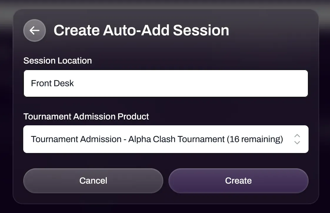 Screenshot of the tournament selection screen for an Auto-Add Session