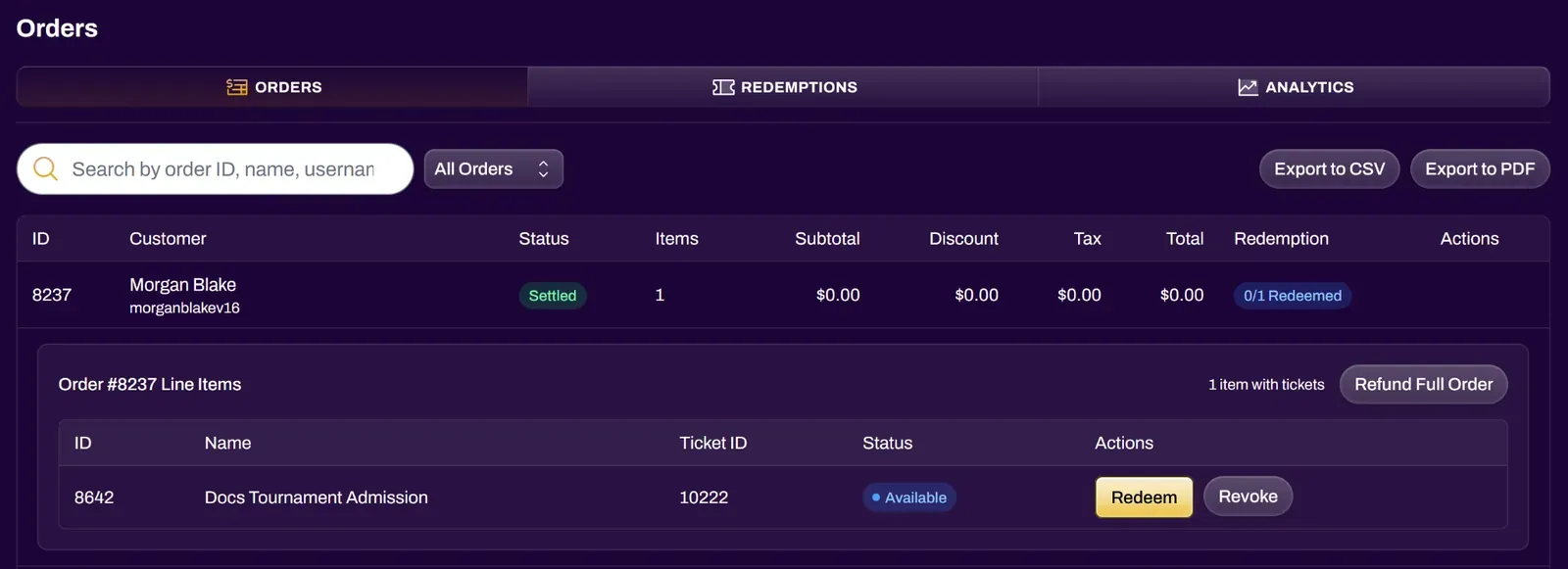 Screenshot of the manual redemption option on an attendee's ticket