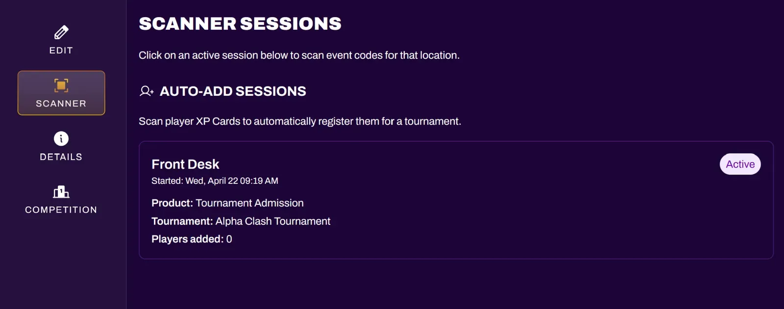 Screenshot of the Auto-Add Session in the Scanner tab