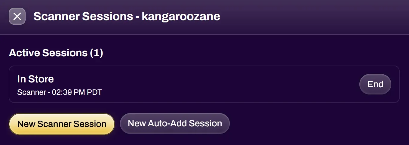 Screenshot of the Scanner Sessions window with the End button