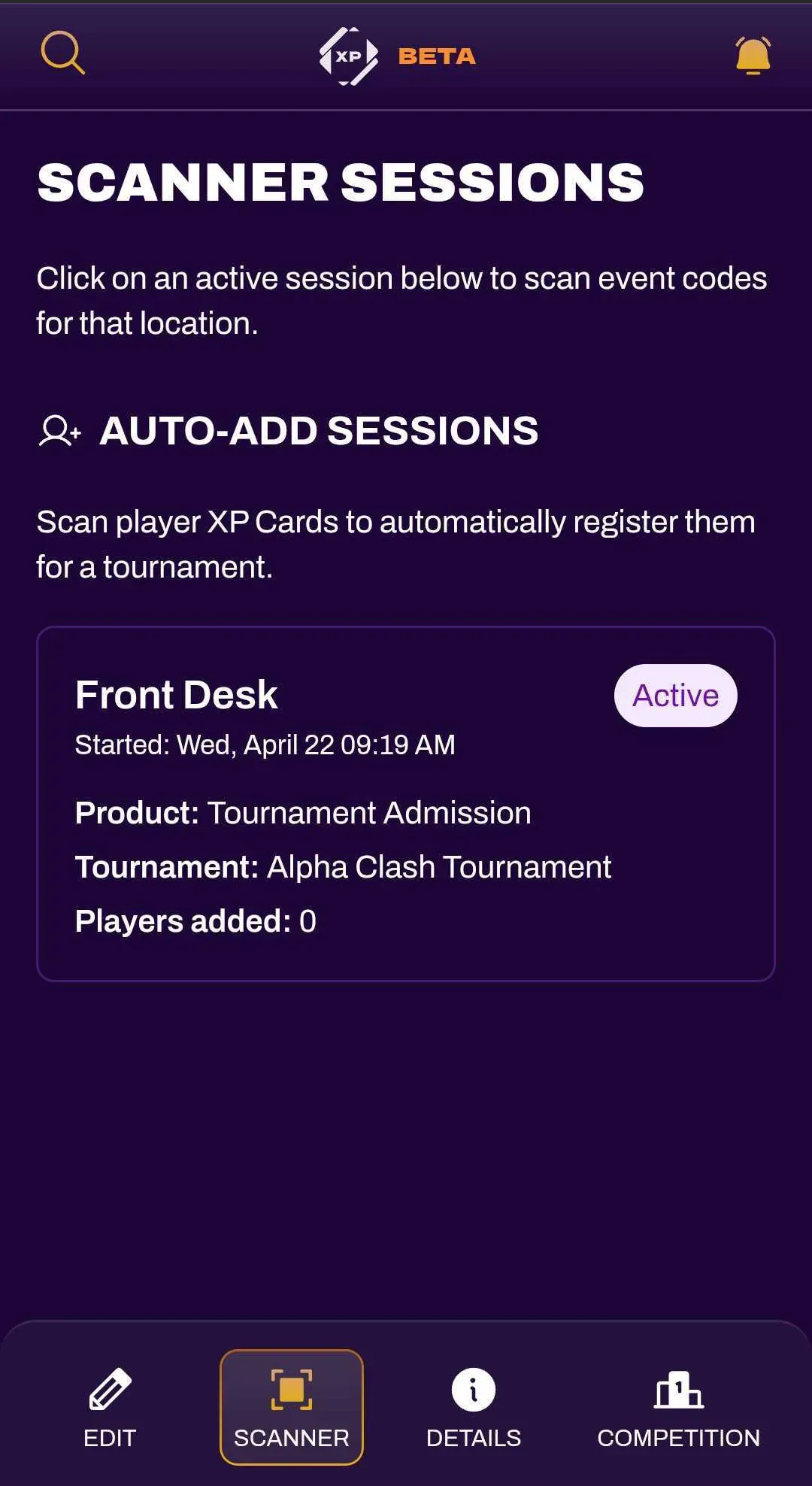 Screenshot of the camera view for an Auto-Add Session