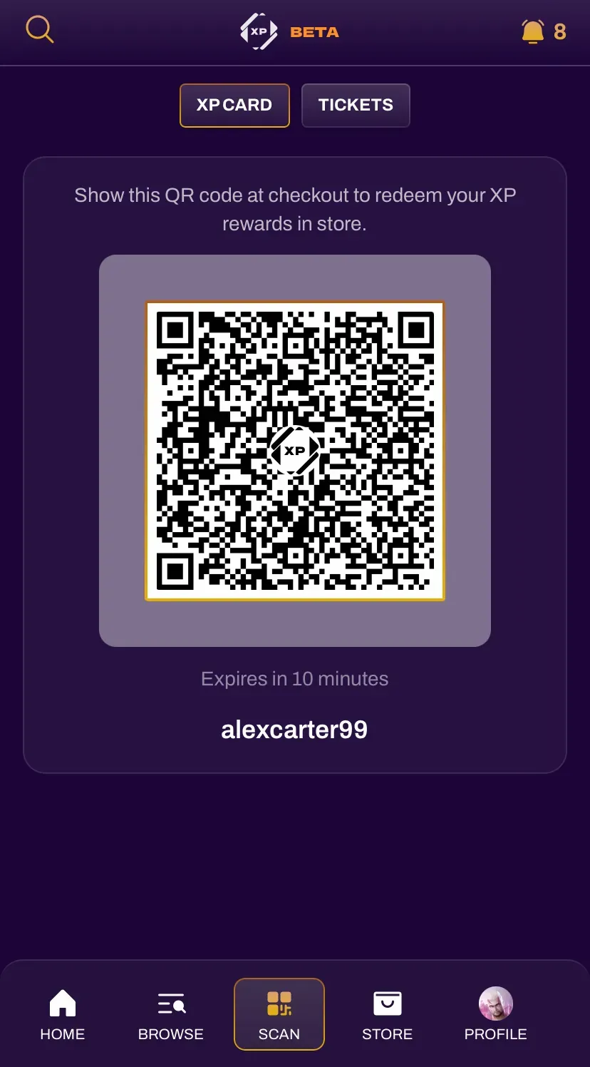 Screenshot of a player's XP Card in their Scan tab