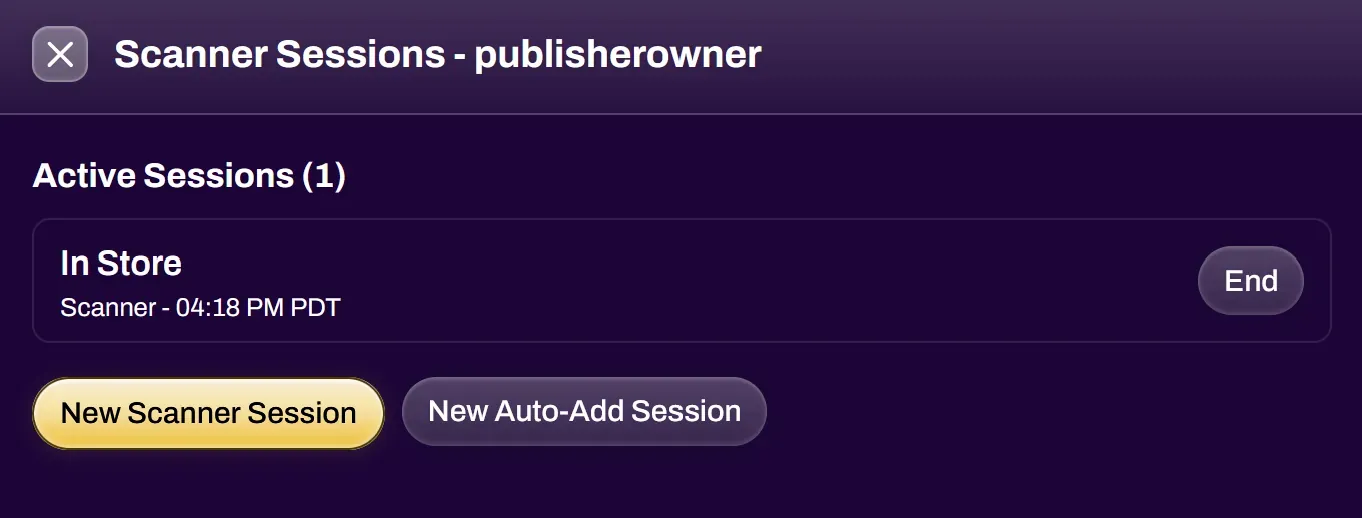 Screenshot of the Scanner Sessions window showing the New Auto-Add Session option