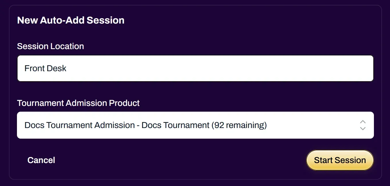 Screenshot of the New Auto-Add Session modal