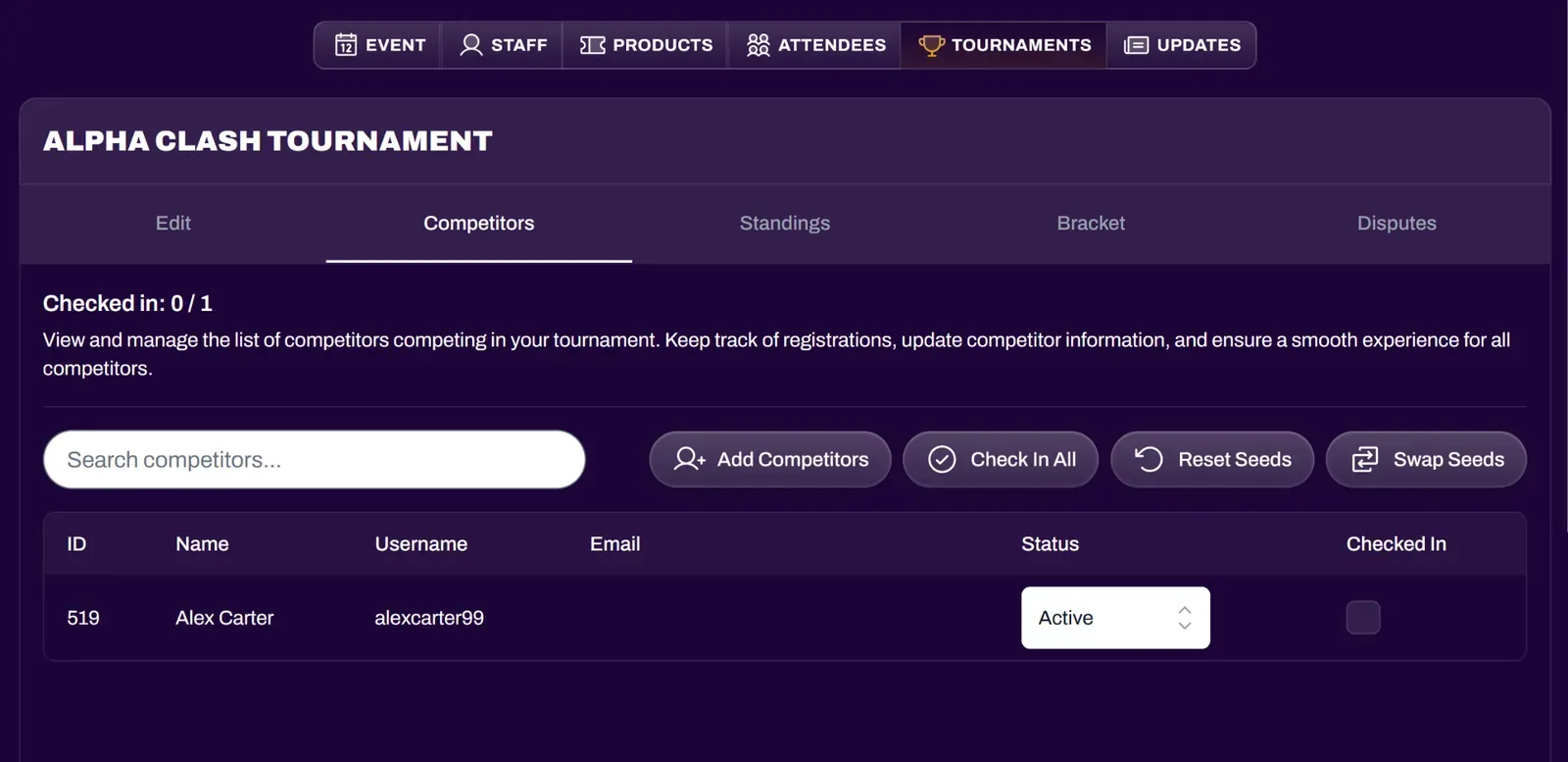 Screenshot of the Competitors tab showing added players