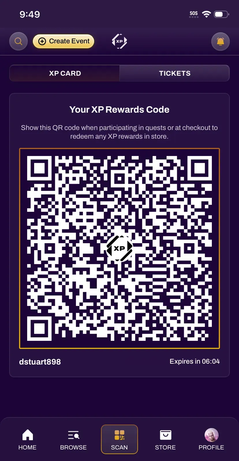 Screenshot of a player's XP Card in their Scan tab