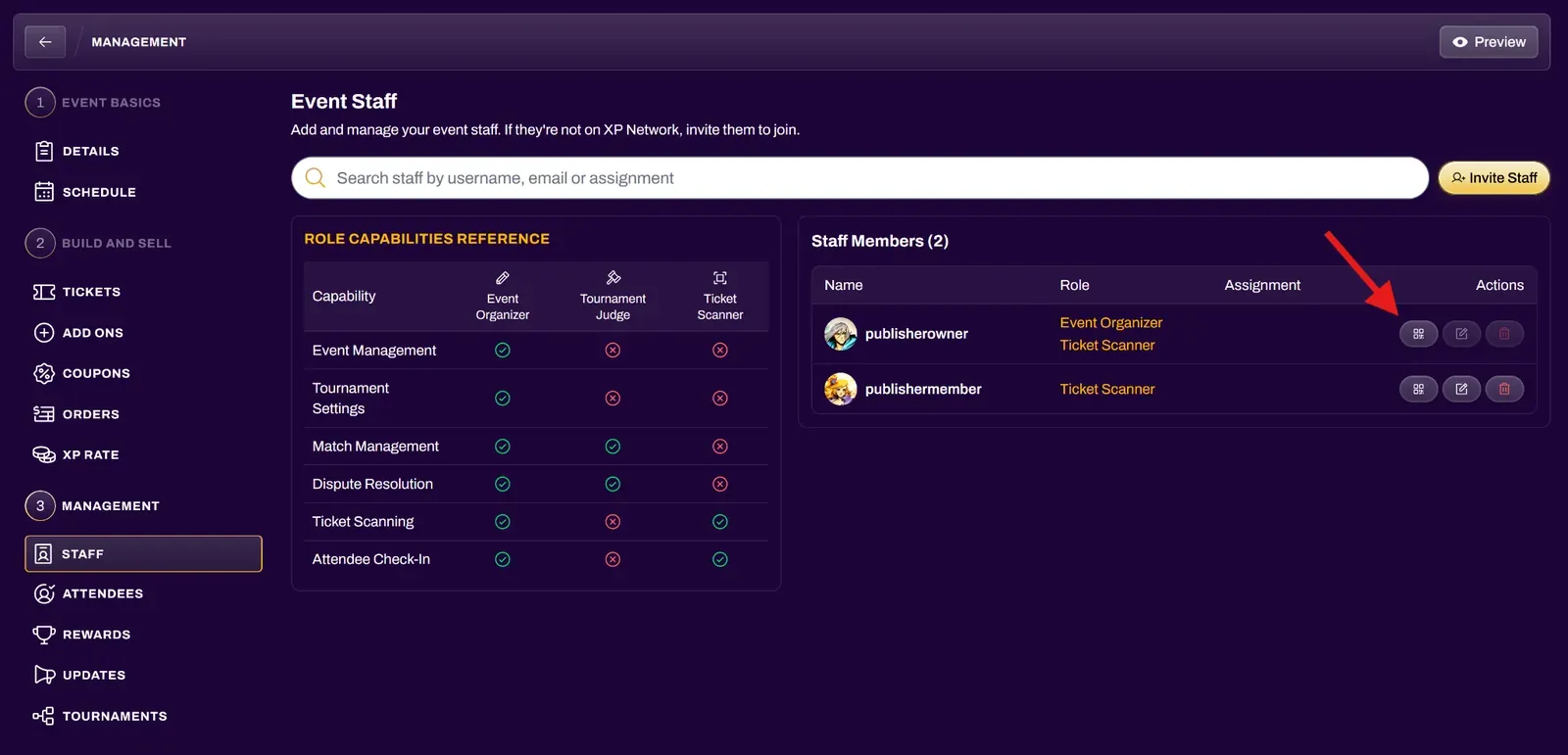 Screenshot of the Event Staff tab with an arrow pointing to the Scanner button