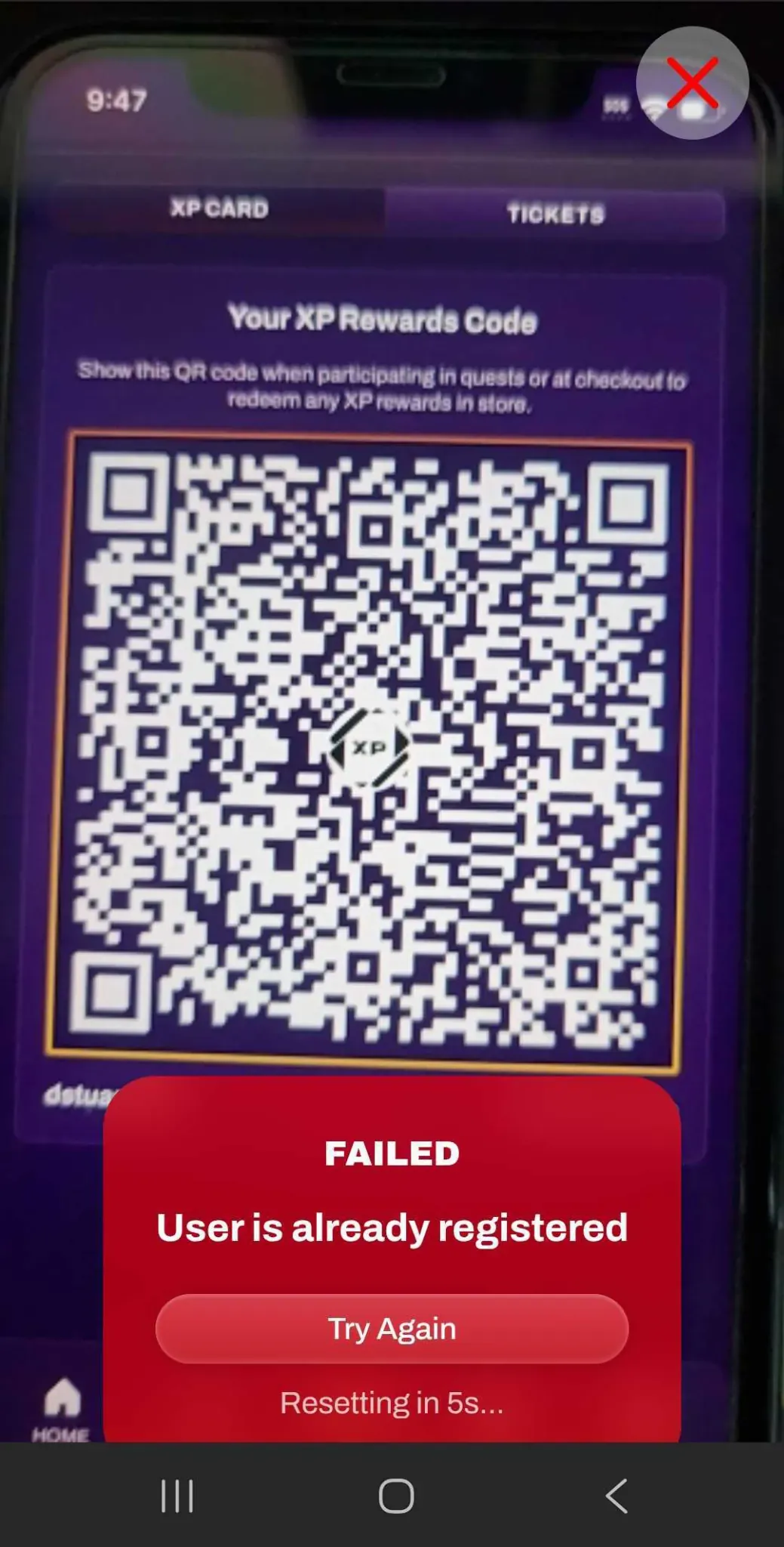 Screenshot of an already-registered player error message