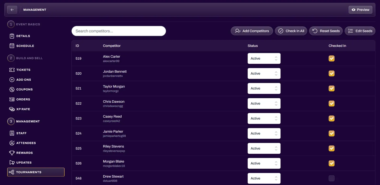 Screenshot of the Competitors tab showing added players