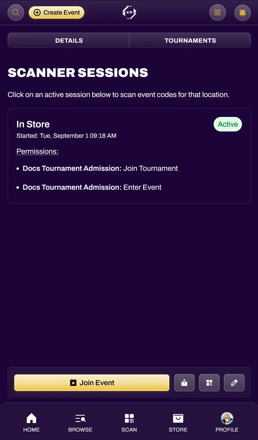 Screenshot of the mobile Scanner Sessions view