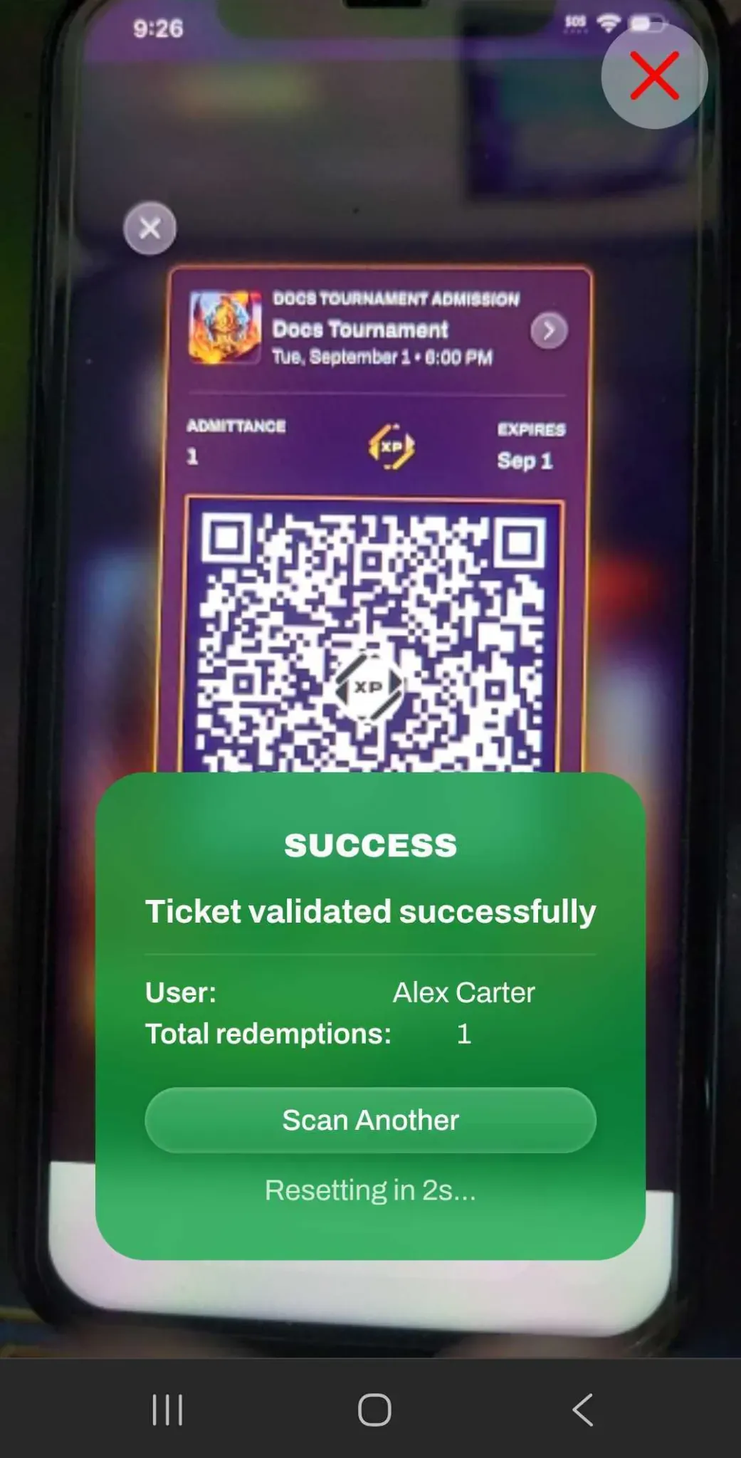 Screenshot of a successful ticket scan