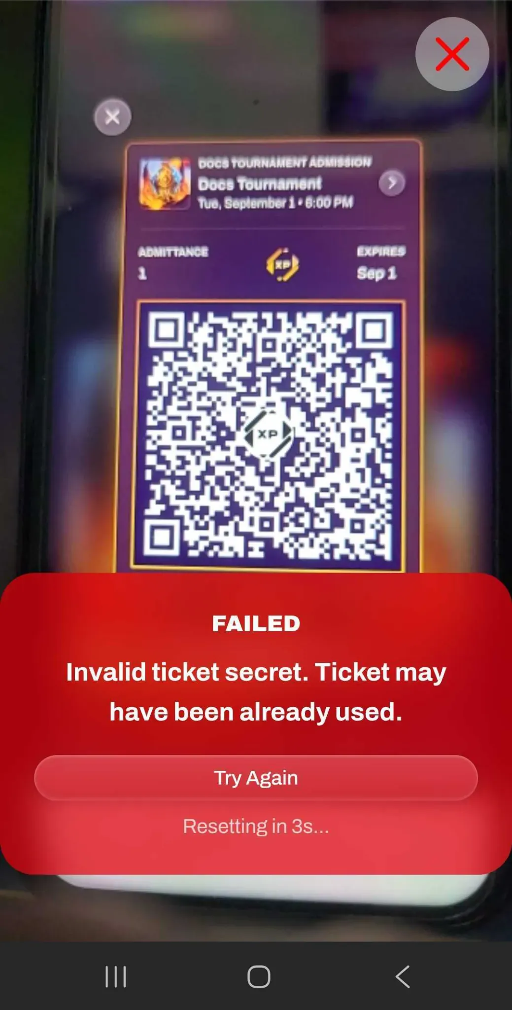 Screenshot of an already-redeemed ticket error