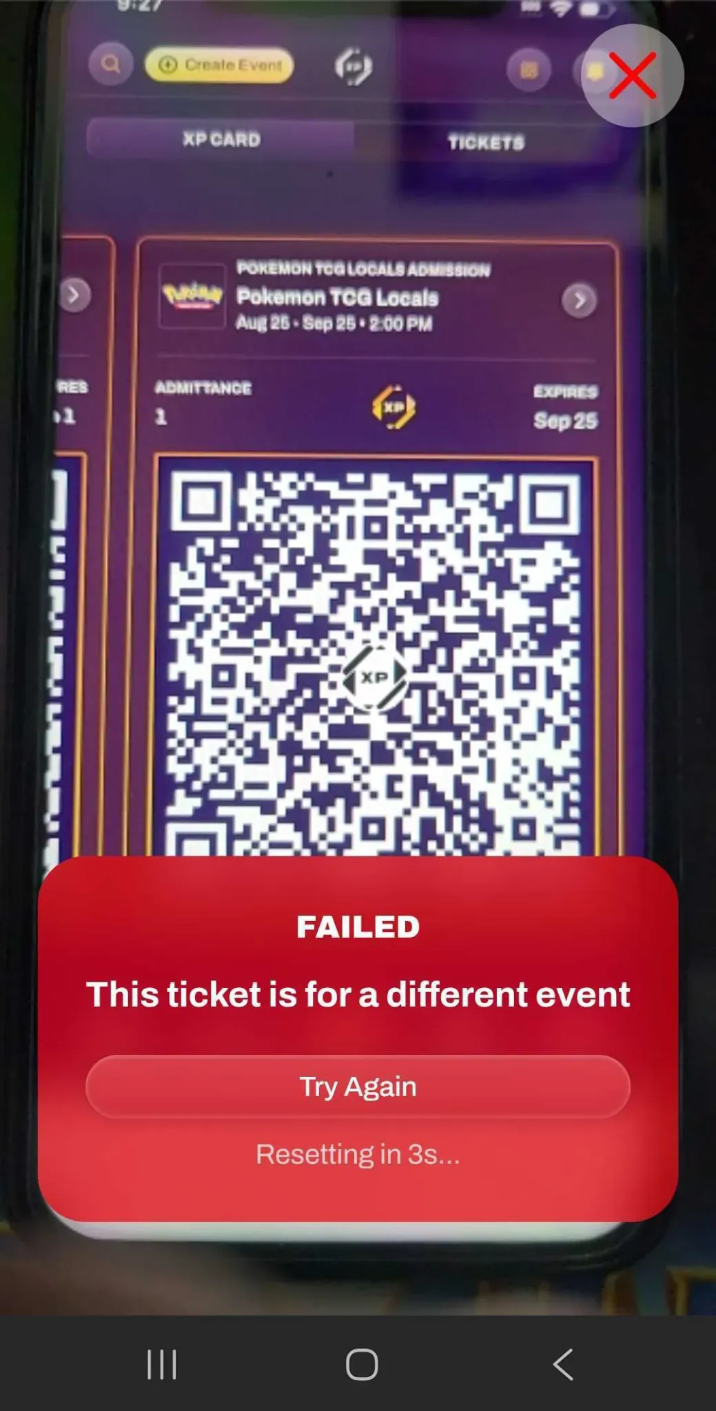 Screenshot of a wrong-event ticket error