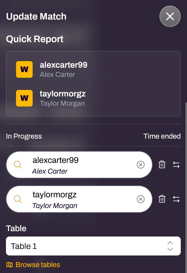 Screenshot of the Update Match drawer with Quick Report and the swap arrows