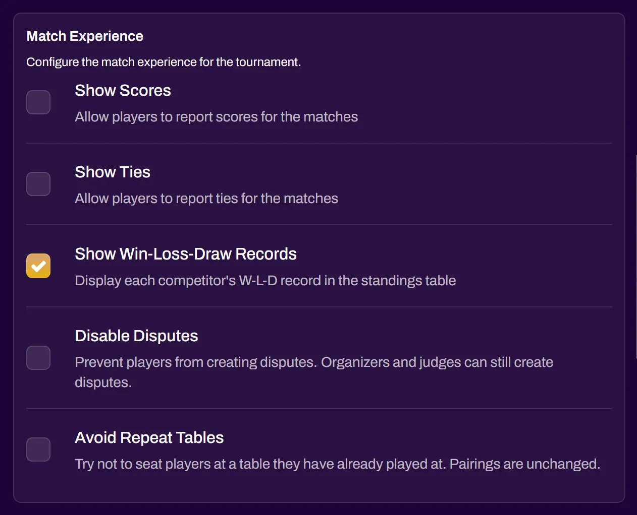 Screenshot of the Match Experience settings