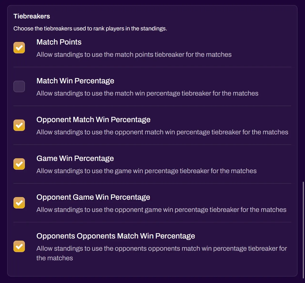Screenshot of the Tiebreakers settings