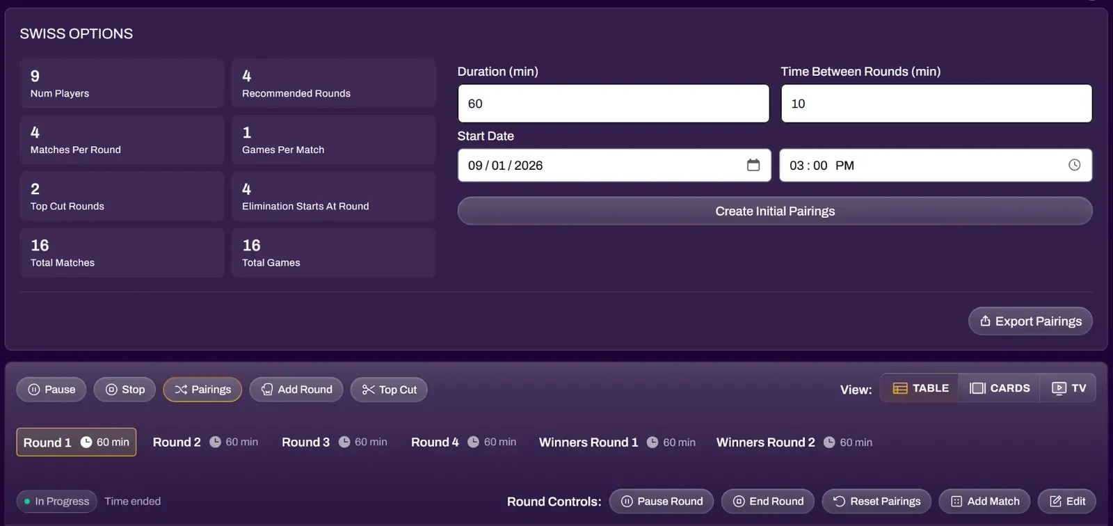 Screenshot of the Pairings panel and round controls, including Reset Pairings and Export Pairings