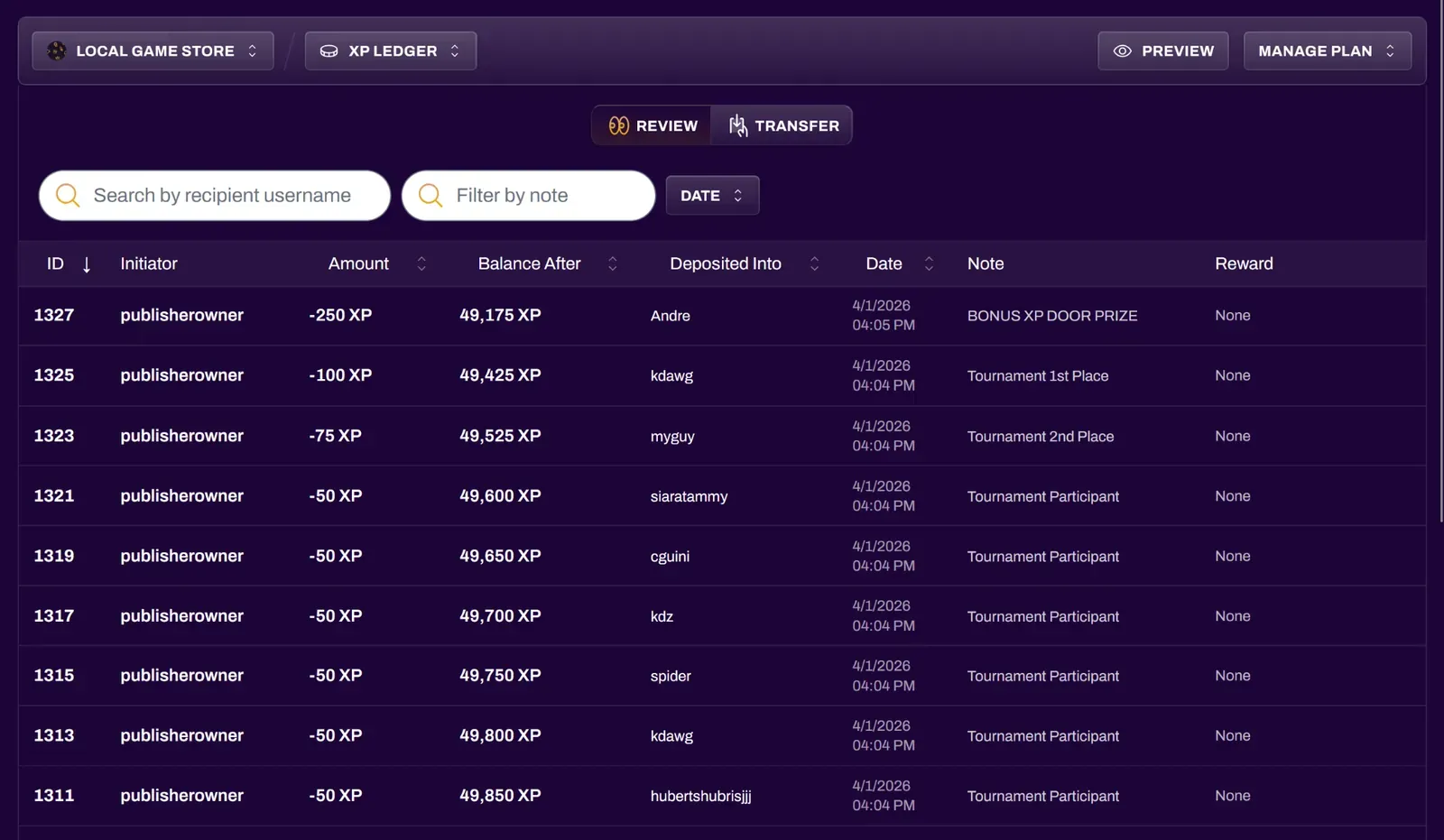 XP Ledger Review tab showing XP history