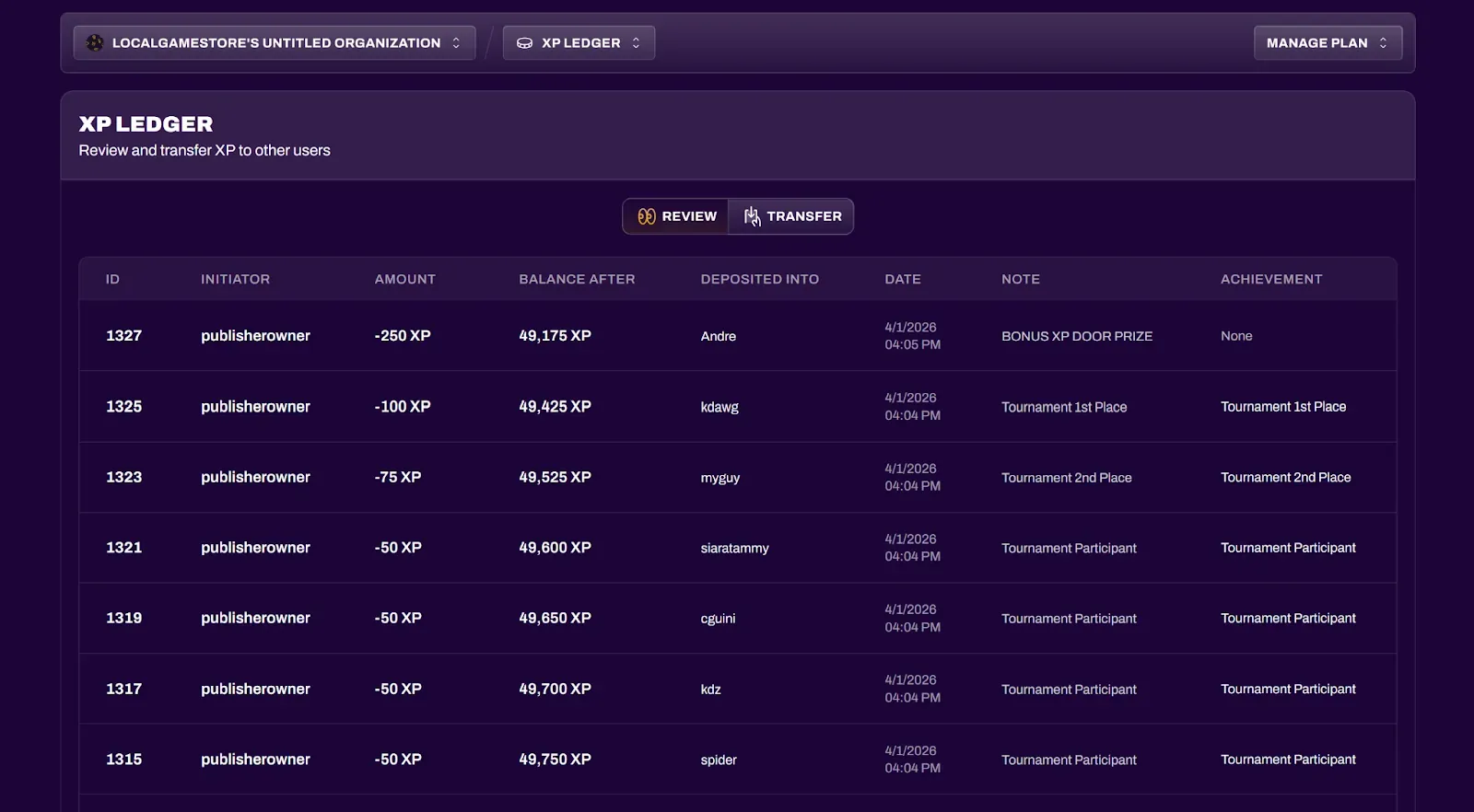 XP Ledger Review tab showing XP history