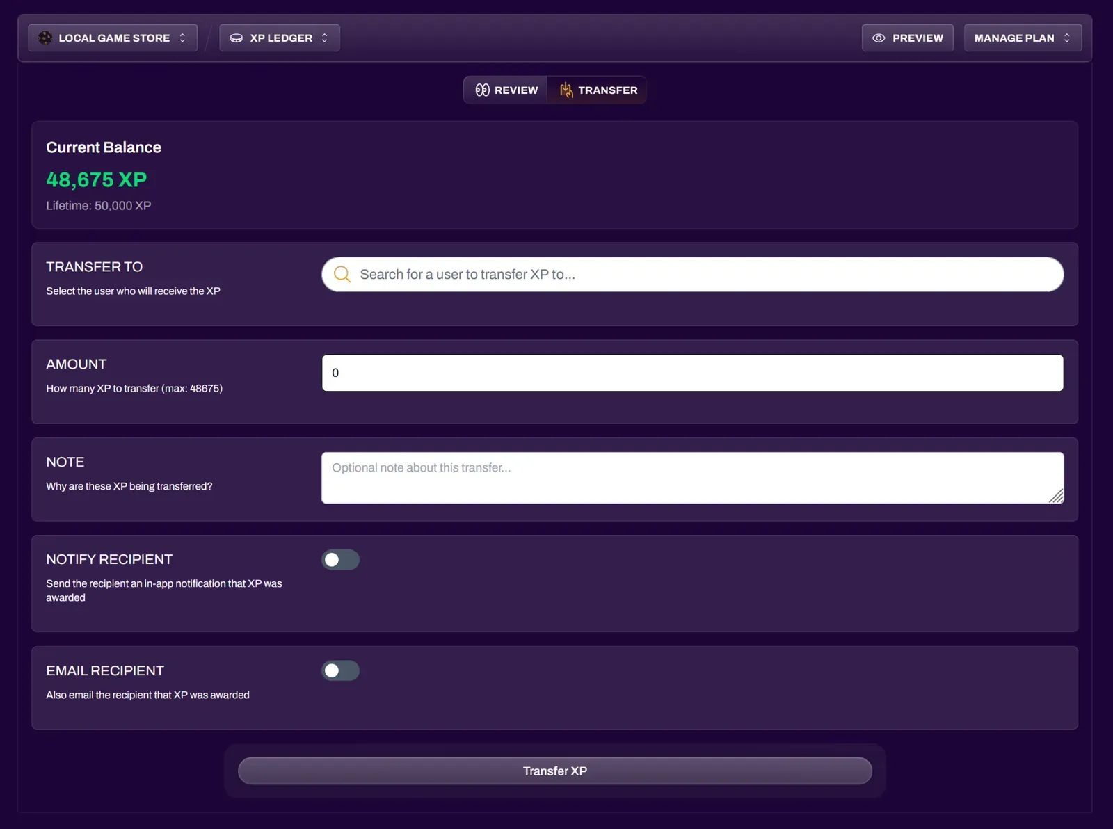 XP Ledger Transfer tab for awarding custom XP