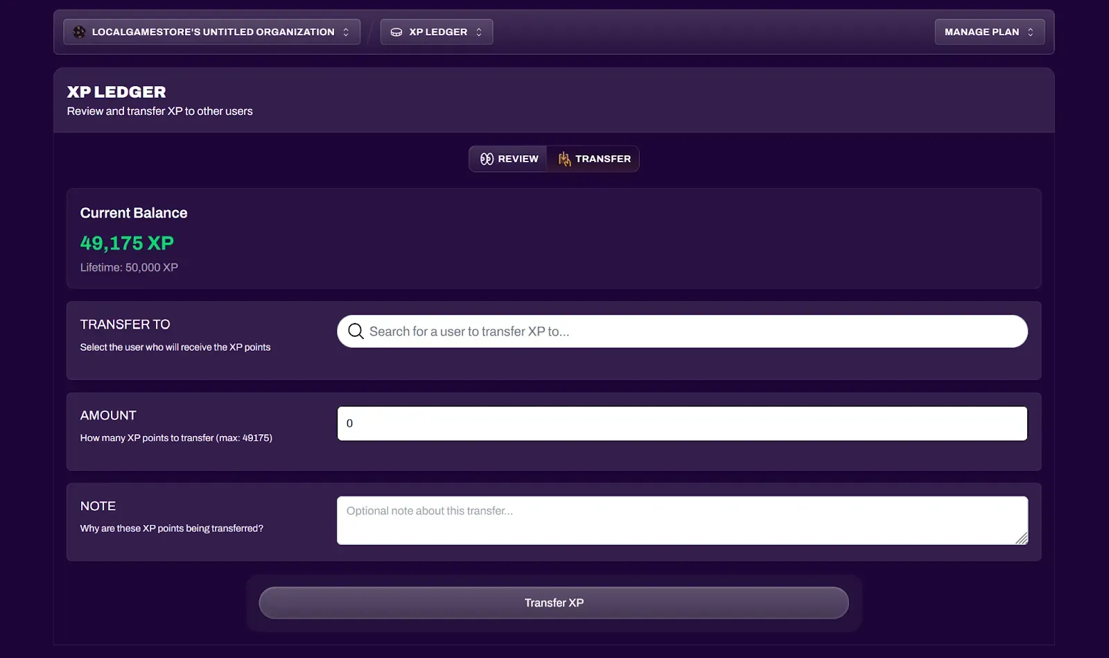 XP Ledger Transfer tab for awarding custom XP