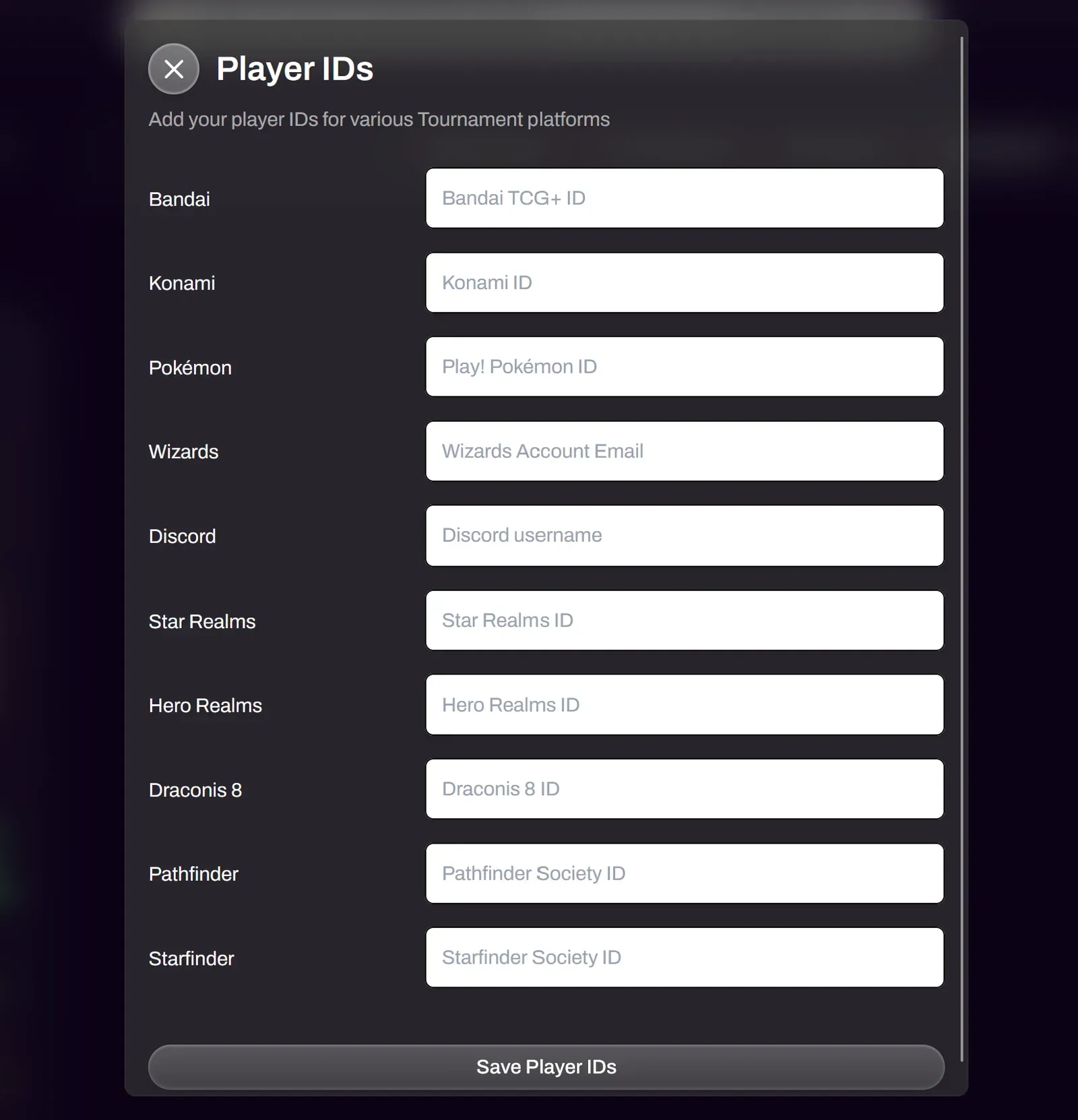 Player IDs form